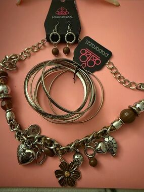 paparazzi Gold and Brown Charm Necklace with Coordinating Bangles & Earrings